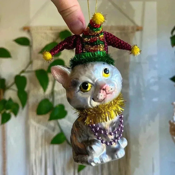 5” Festive Cat Christmas Ornament | Glass Holiday Décor - Picture 1 of 9